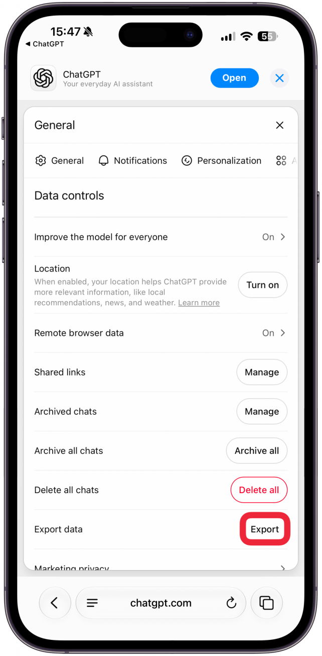 Next to Export data, tap Export.