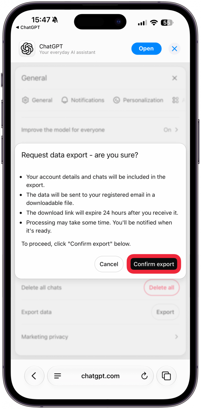 Tap Confirm export.