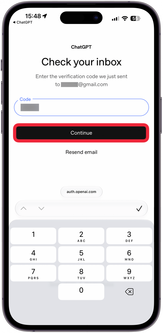 Type in the code once you have it and tap Continue.