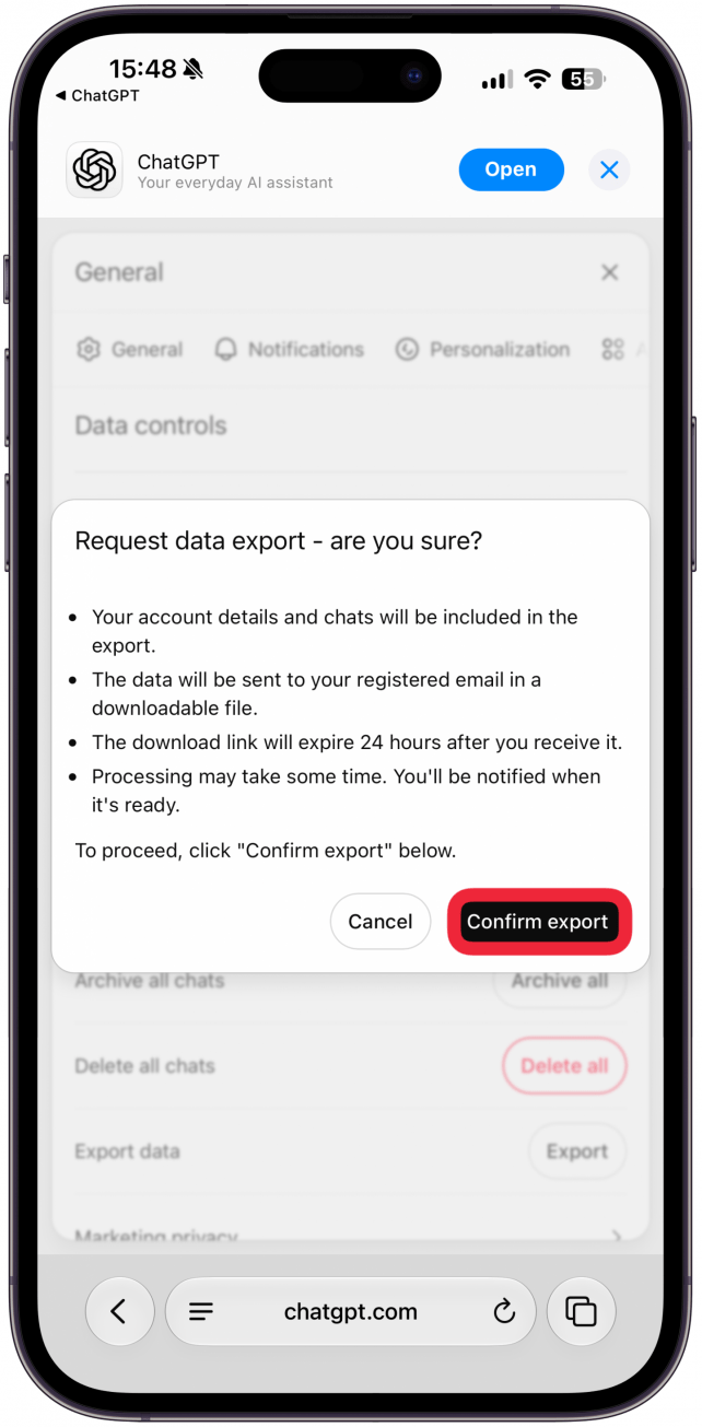 Tap Confirm export.