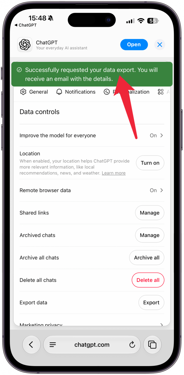 You'll see green text at the top of your screen confirming that the details of the exported data will be emailed to you. Once you receive the email, you'll get a link, tapping on it will begin a download of a .zip file with all your data.