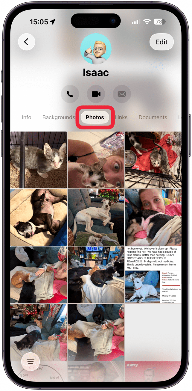 You'll see a list of options towards the top, if you tap Photos, you will see all the photos that you have shared with the contact and that they have shared with you.