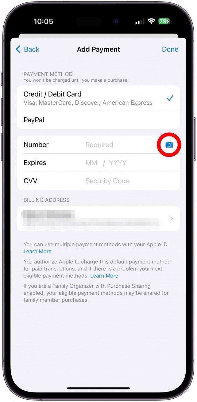why can't i add payment method on iphone family sharing