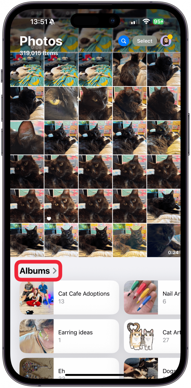 Scroll down until you see Albums and tap on the 'Albums' text.