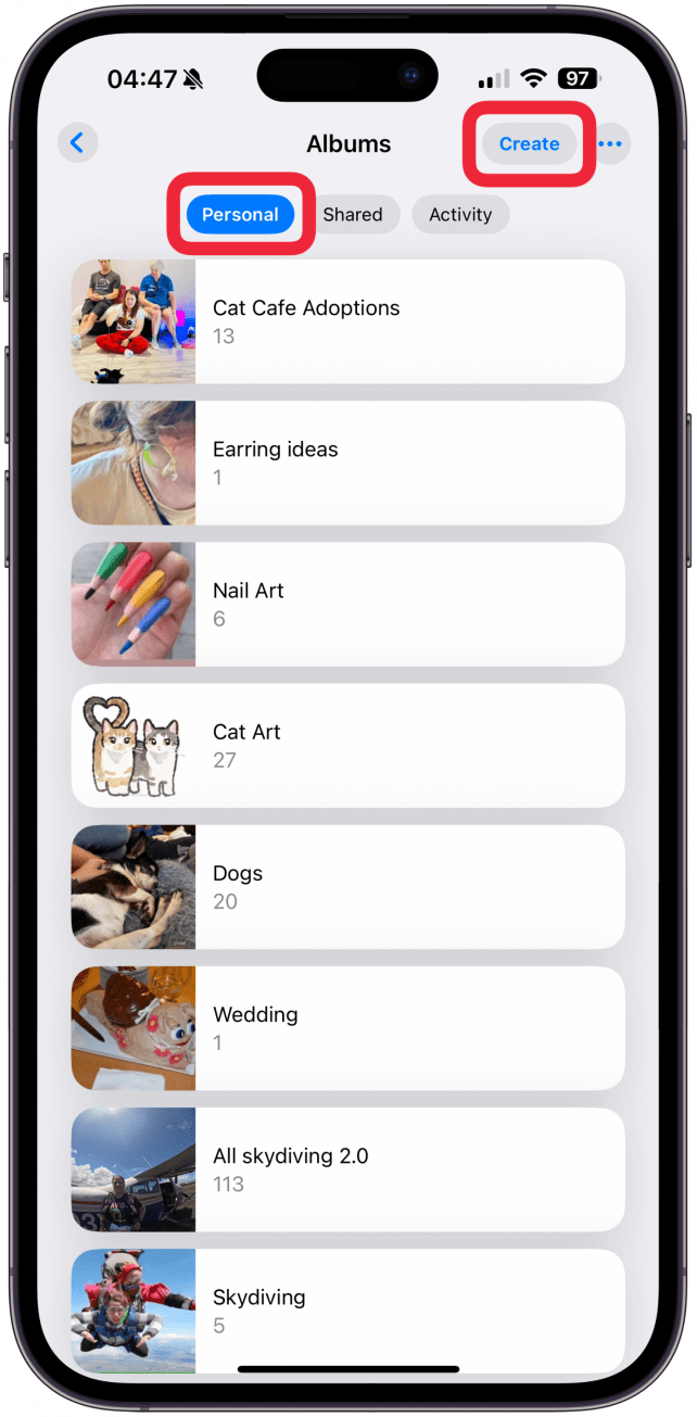 Under Albums, make sure Personal is selected, then tap Create in the top right corner.