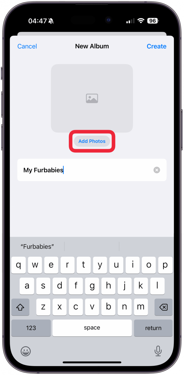 Now you can either add photos to the album, or create the album to add them later. Let’s tap Add Photos for this demonstration.
