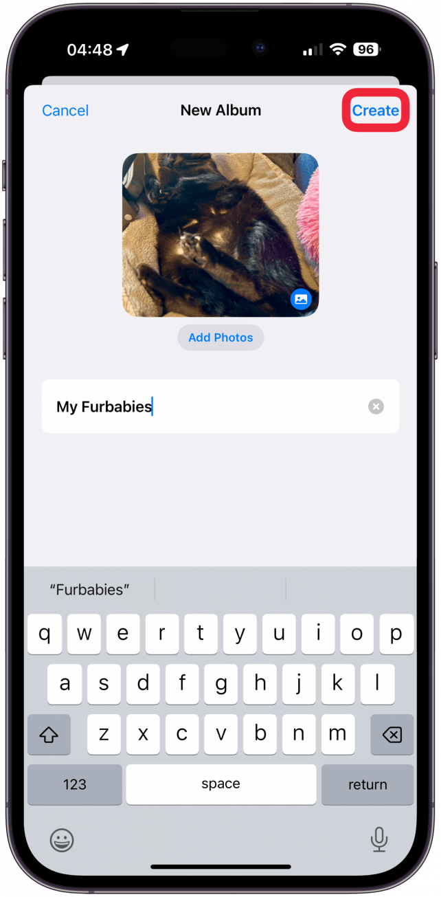 Tap Create and your new album will show up in your Albums collection.