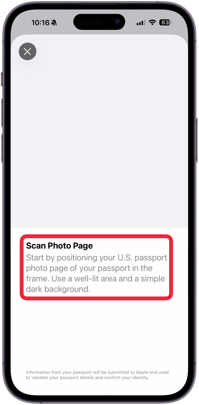 Follow the on screen directions to take a photo of your passport and scan your chip.