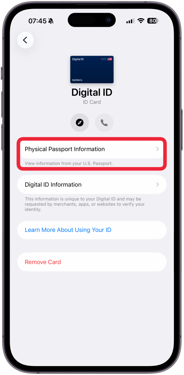 Here you can tap Physical Passport Information and once Face ID verifies that you are you, you will be able to see your full name, date of birth, age, sex, ID Number, expiry date, and nationality.