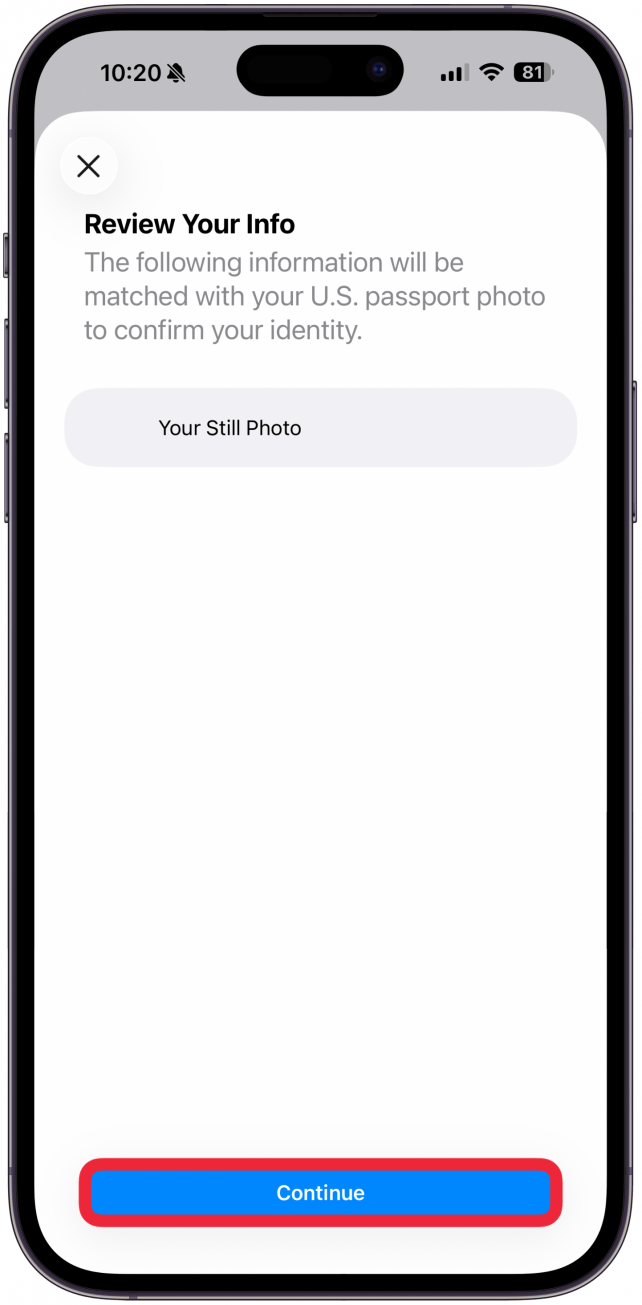 Eventually you will get to a page that lets you Review Your Info. If everything seems okay, tap Continue. Face ID will be used to, once again, confirm your identity.