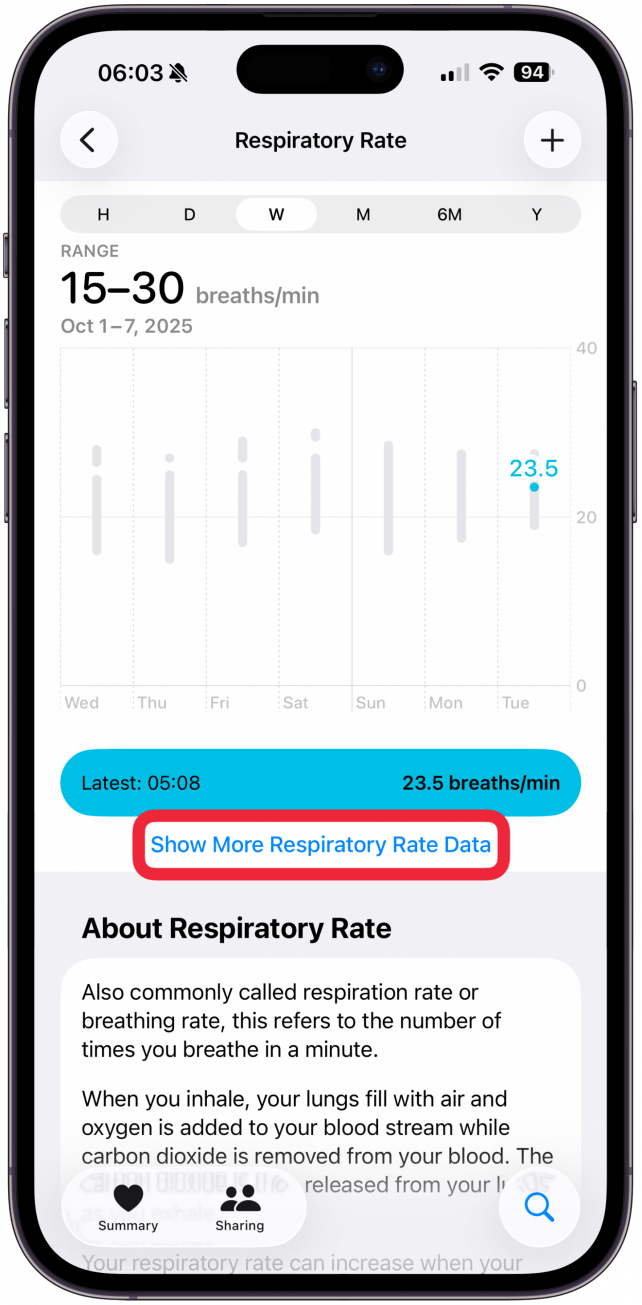 Tap Show More Respiratory Rate Data.