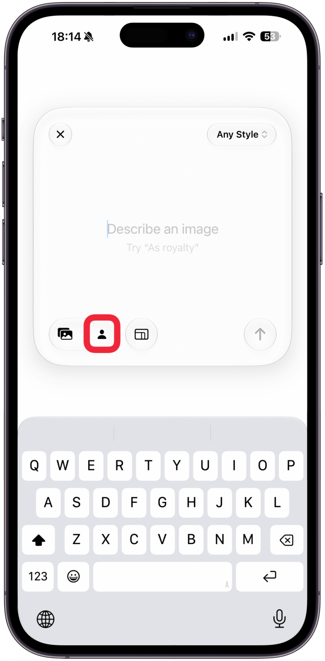Here you'll be able to upload an image, write a prompt, and pick an image style. The order doesn't matter, but I like to start with the image. If you're generating an image of someone you've photographed, skip the photo icon and tap the person icon instead.