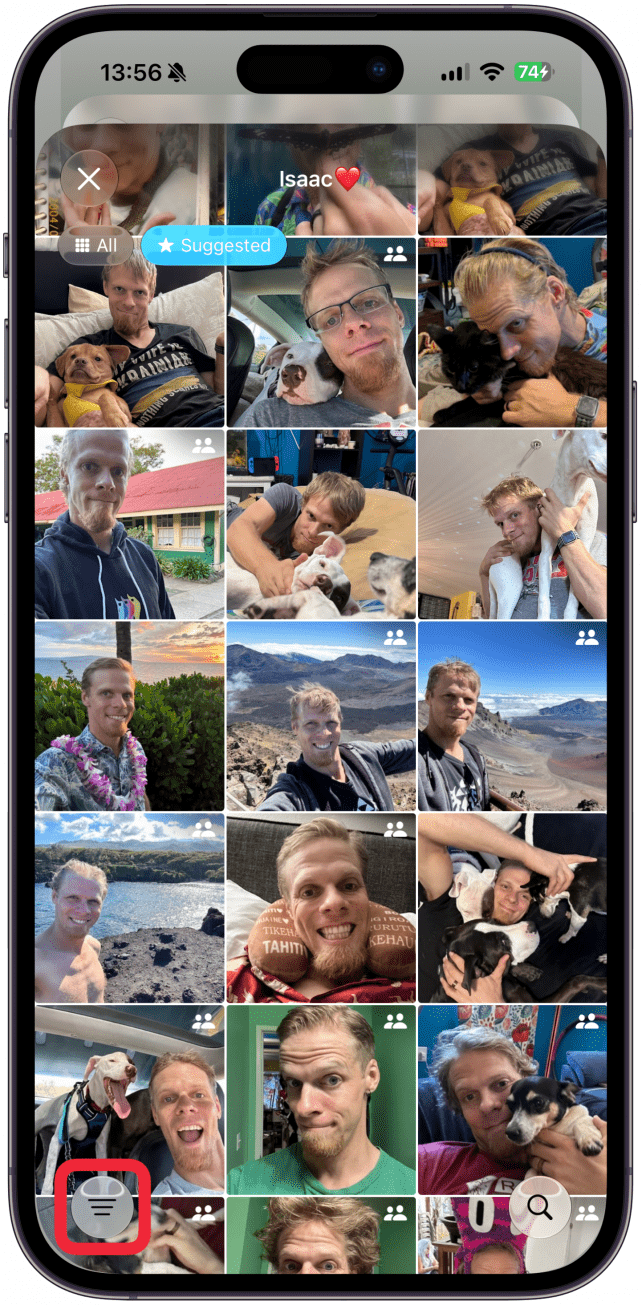At the bottom of the screen you can tap the burger icon (three lines) to filter the images to help you find a specific image. The filtering options are the same as the ones in your Photos app.
