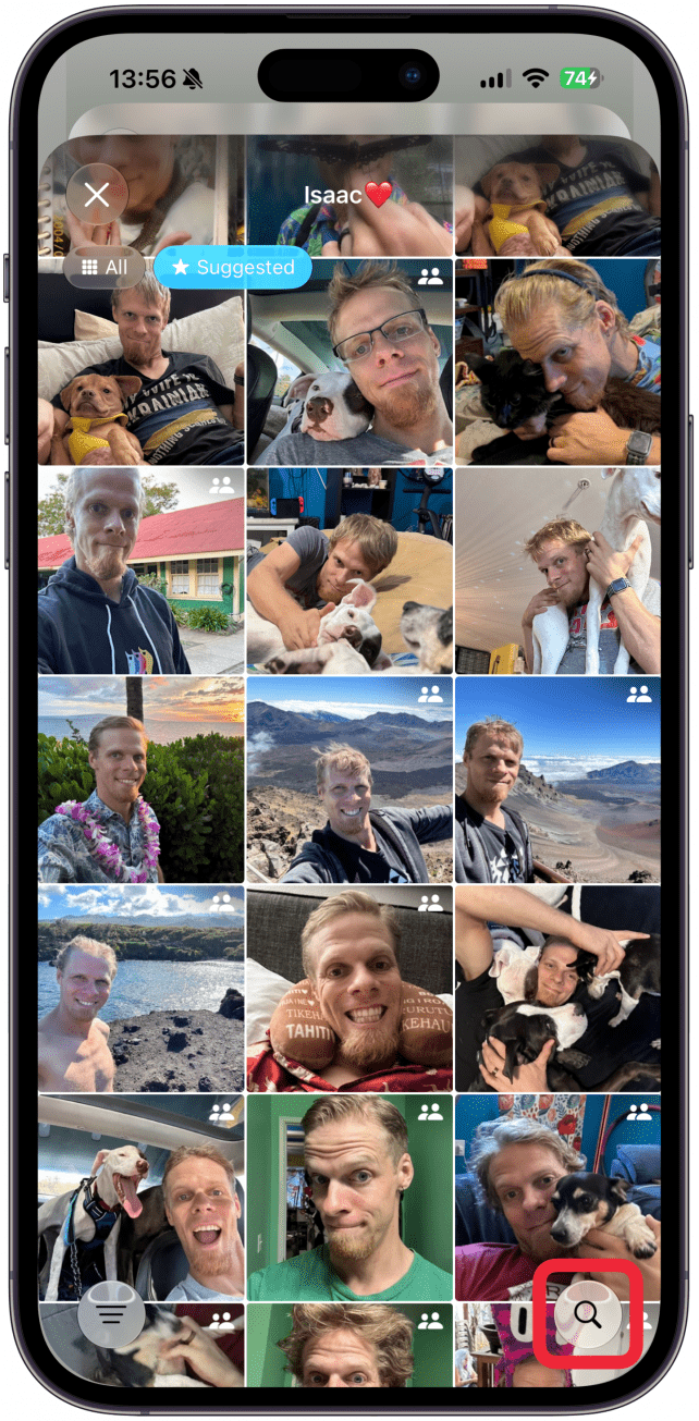 At the bottom right you'll see a magnifying glass icon to search for a particular photo like you would in the Photos app.