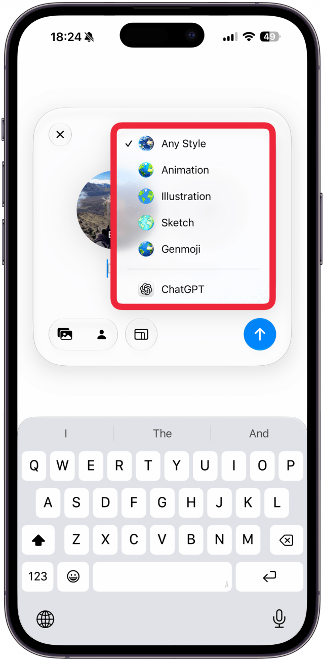 Here you can pick between Any Style, Animation, Illustration, Sketch, Genmoji, and ChatGPT. I'll pick Any Style, but I recommend trying each one to see the difference.
