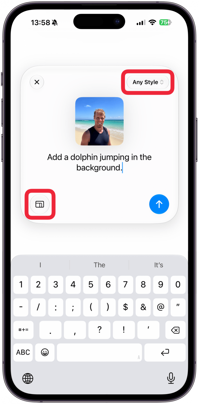 Once you're written your prompt, you'll also be able to change the style or the ratio. The image is a square by default, but if you tap the ratio button you can change it to Wallpaper, Portrait, or Landscape.