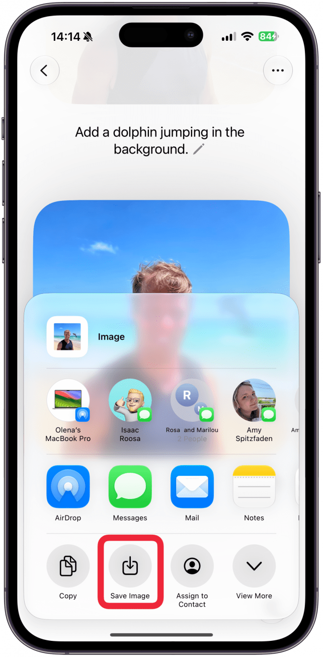 Use the share sheet as you normally would, if you tap Save Image the image will appear in your Photos app. If you leave the app without saving it, you'll still be able to find the image and the previous versions of it in Image Playground even if you never formally saved it. You can keep making changes to it indefinitely.