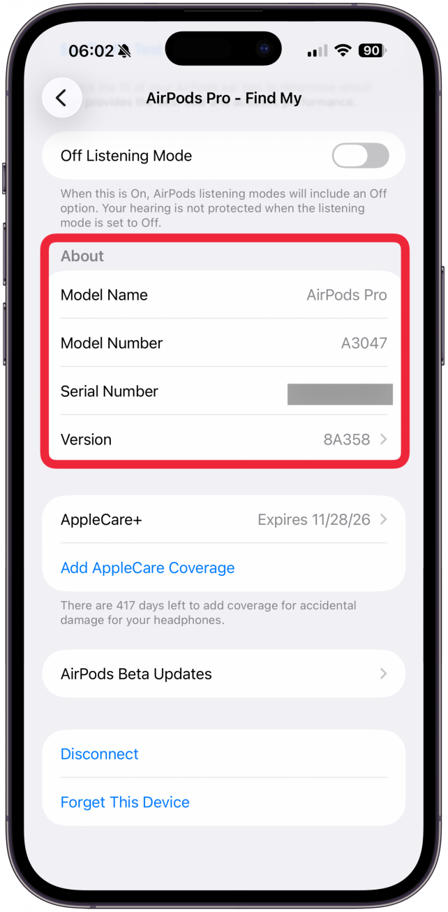Scroll down until you see Model Name, Model Number, Serial Number, and Version.