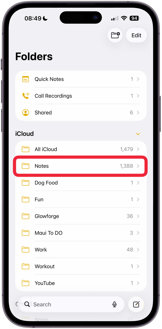 Then navigate to the Notes folder (if your Notes app does not automatically open to it).
