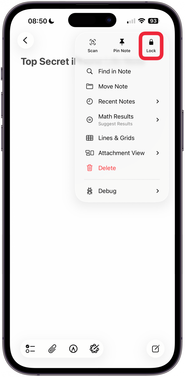 Tap the Lock icon to lock that note.
