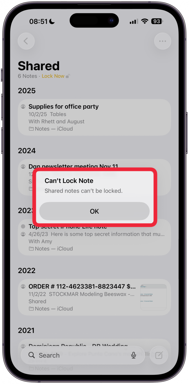 If you have shared this note with others, you won't be able to lock the note unless you un-share it, then try again.