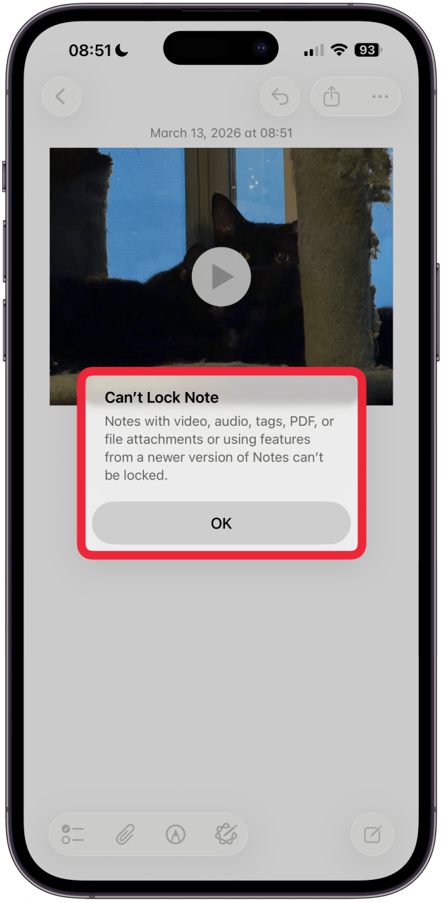 Also, you also cannot lock notes that include video, audio, a PDF, or other file attachments.