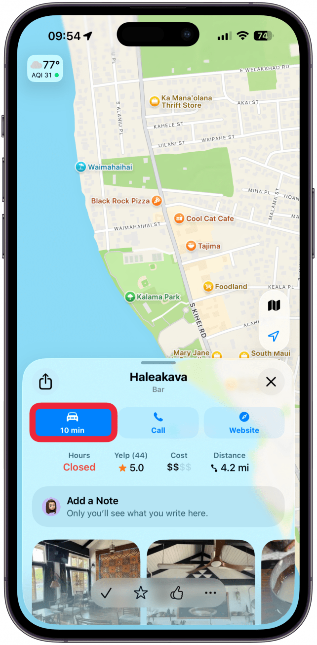 Tap the icon showing your set mode of transportation to get directions.