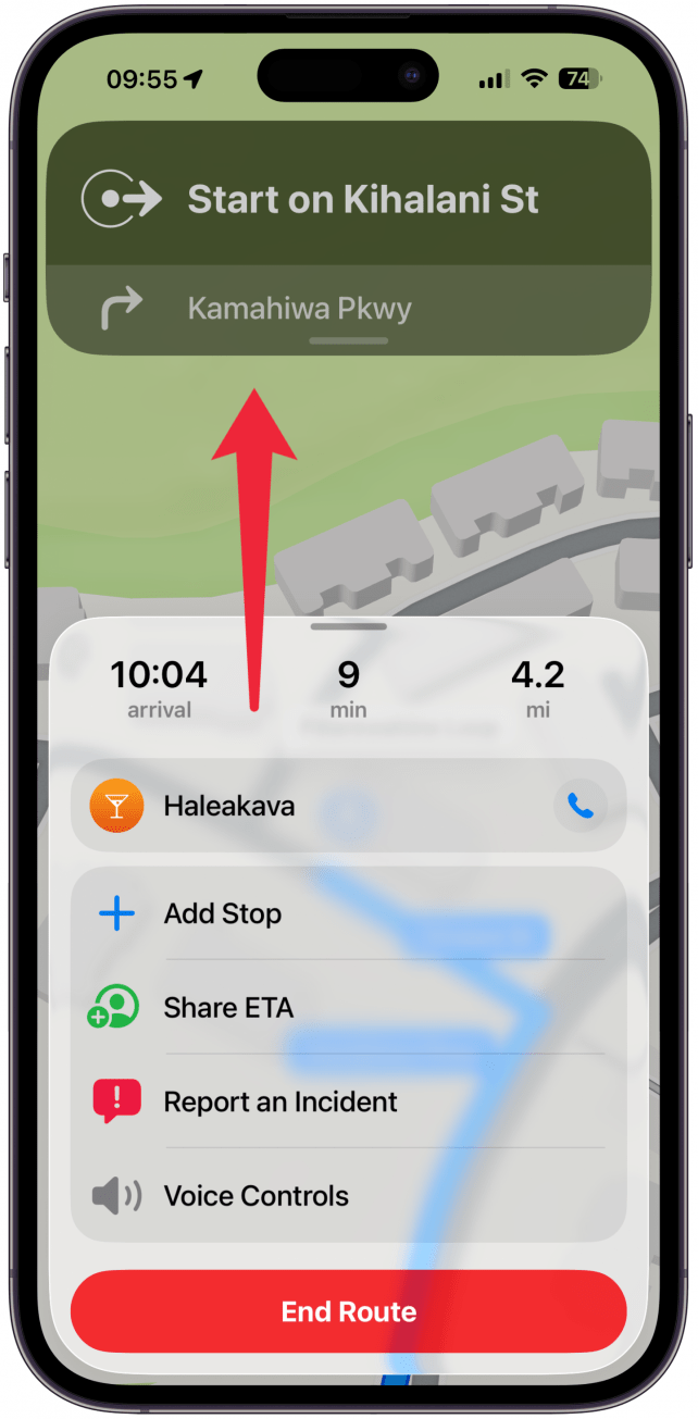 You can swipe up from the map view at any time to invite more people to share your ETA with, add stops, stop navigating, and more.