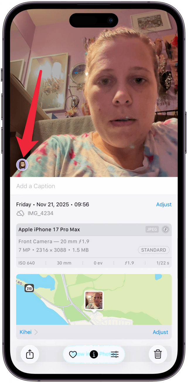 Tap on the small circle in the bottom left of your photo that contains your contact card photo.
