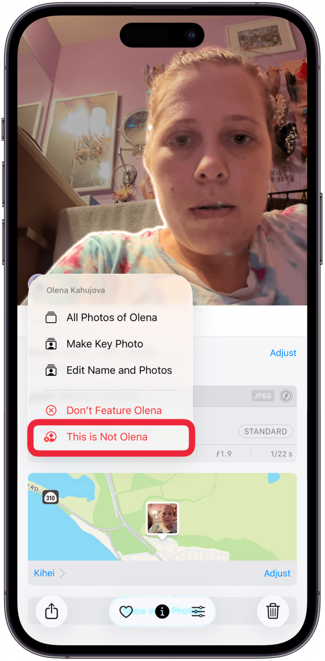 Here you can tap This is Not (Name), which will no longer show up under photos of that person in the People and Pets album.