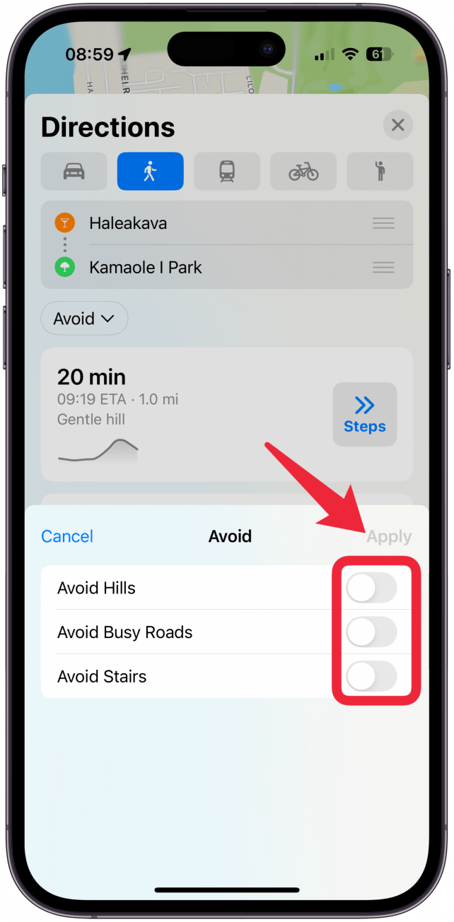 Here you can toggle on Avoid Hills, Avoid Busy Roads, and Avoid Stairs. Once you are done, tap Apply. Or if you don't wish to toggle any of these on, tap Cancel.