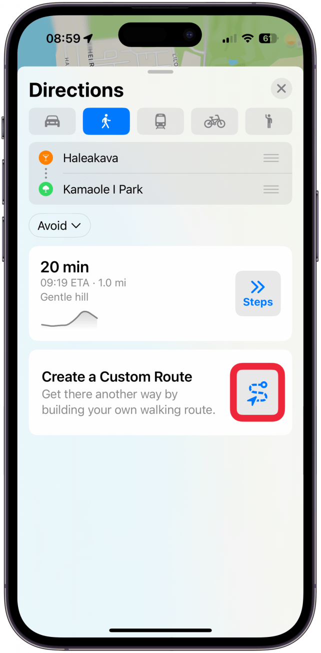 If you wish to customize the route, tap the s-shaped icon to the right of Create a Custom Route.