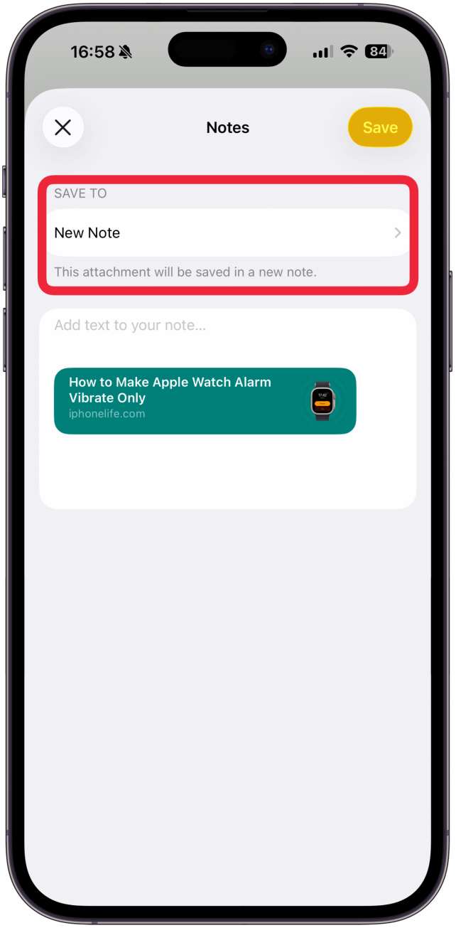 Under Save To you will see where the note will be saved. By default it will show the latest place you've saved your web page to, if you are doing it for the first time, it will say New Note here. 