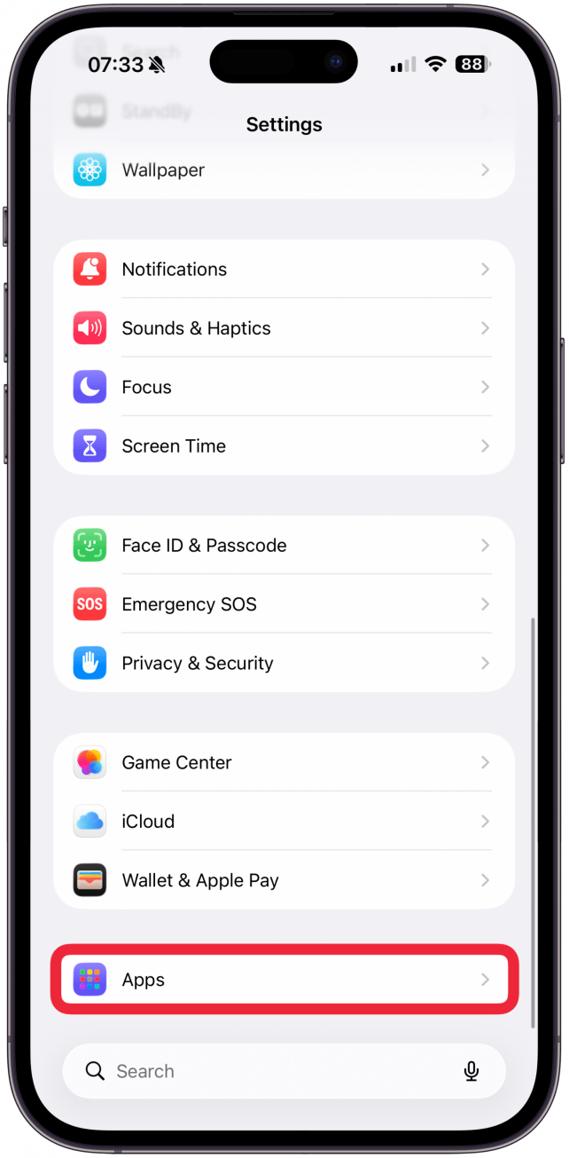 Scroll to the very bottom and tap on Apps.