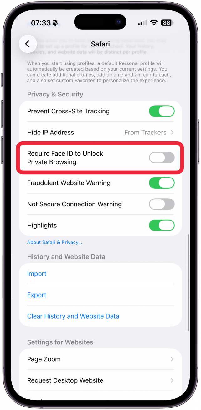Scroll down to Privacy & Security, and toggle on Require Face ID to Unlock Private Browsing.