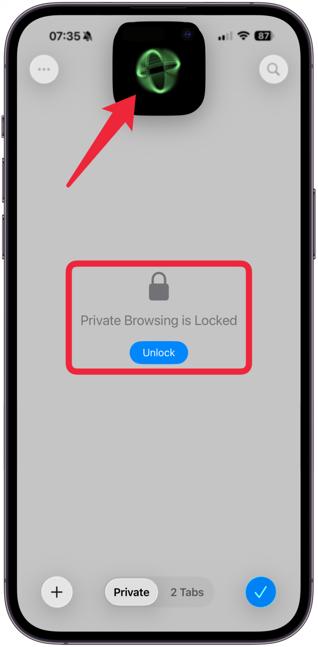 If you lock and then unlock your phone, Face ID will automatically pop up, and then you can access your open private tabs.