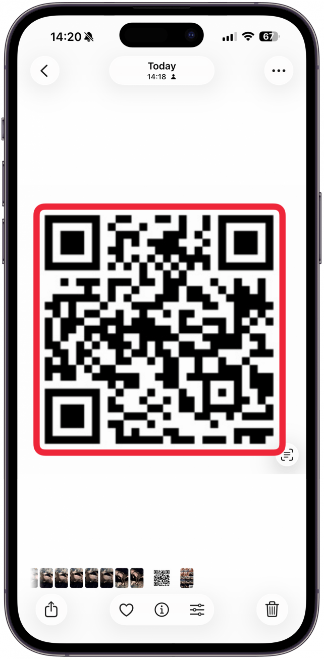 Press and hold the QR code in the image. Sometimes, your Photos app will automatically detect the QR code and scan it before you enable Live Text.