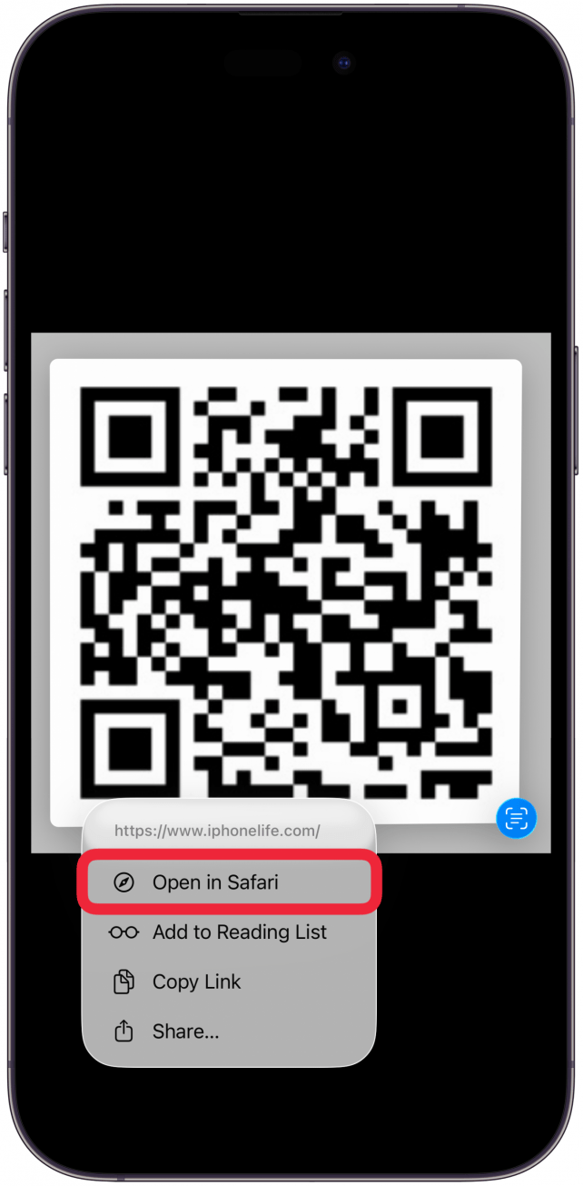 When the QR code is read, a menu of options will appear. Sometimes this menu will have different options; for instance, a vaccine card's QR code might link to the Health app. Tap Open in Safari to open the QR code in your browser.