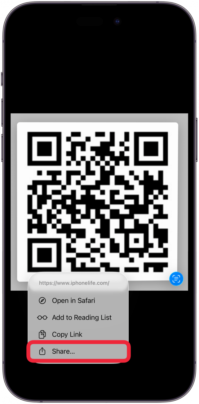 Tap Share... if you want to send the QR code link information to another person.
