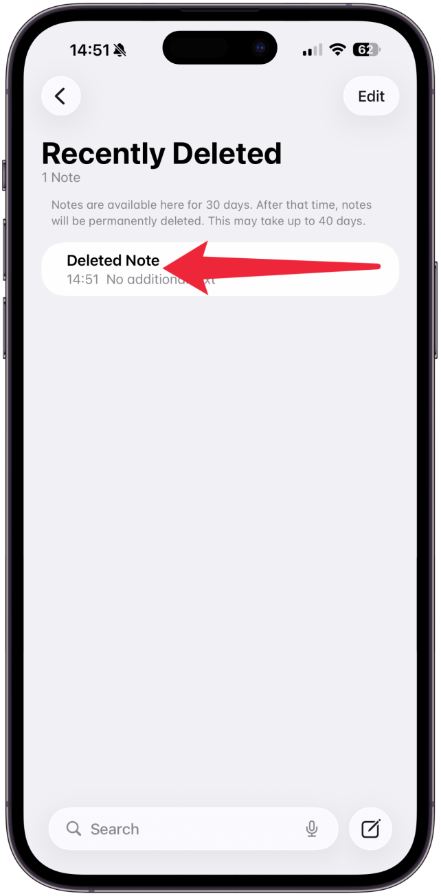 Swipe from right to left over the note you wish to recover.
