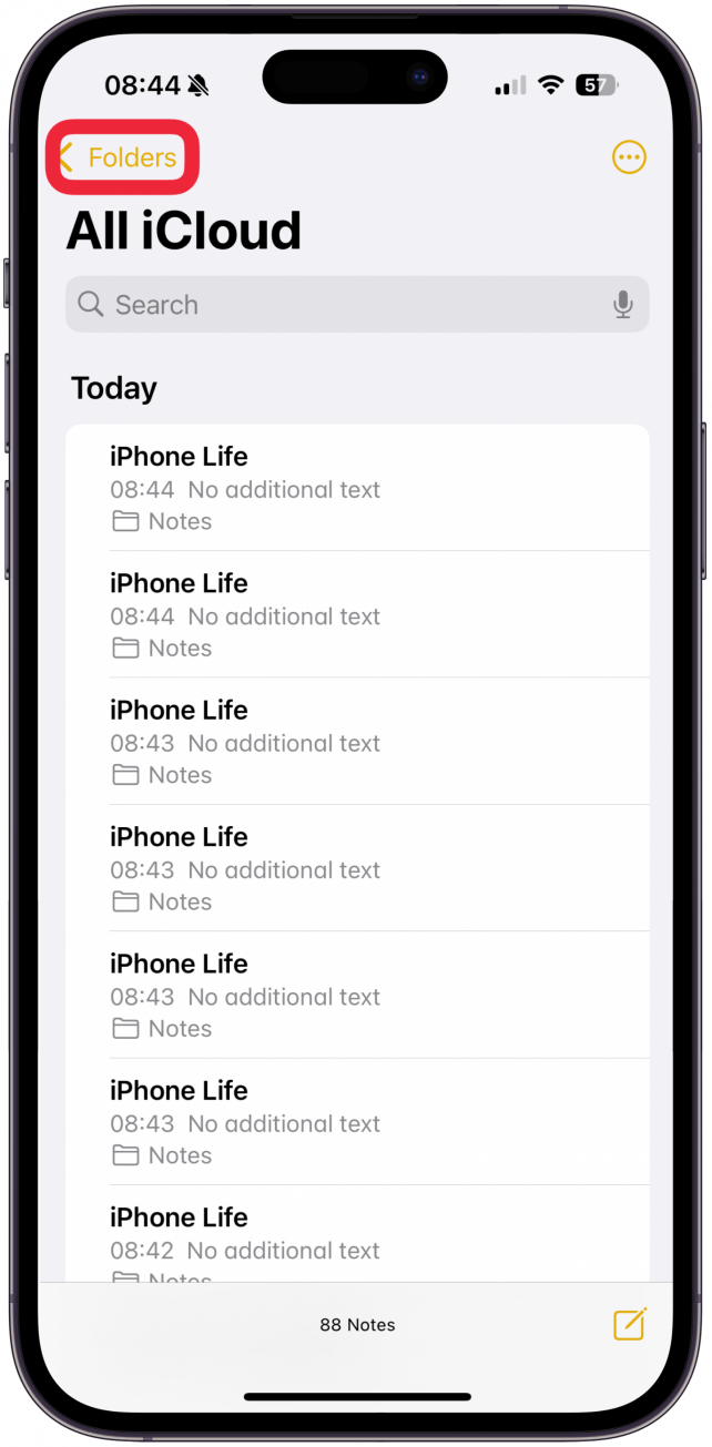 If you see a list of your Notes, tap the Folders button in the top left.