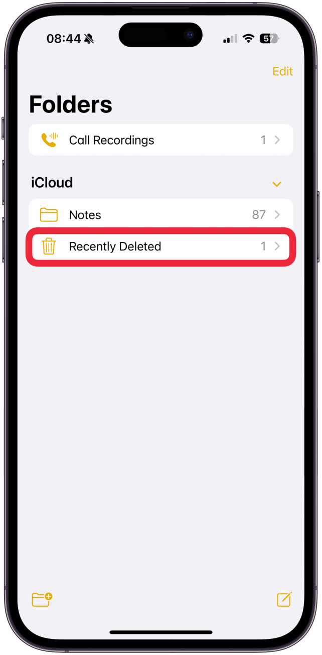 Tap Recently Deleted. If you do not have any recently deleted notes, this folder will not appear for you.