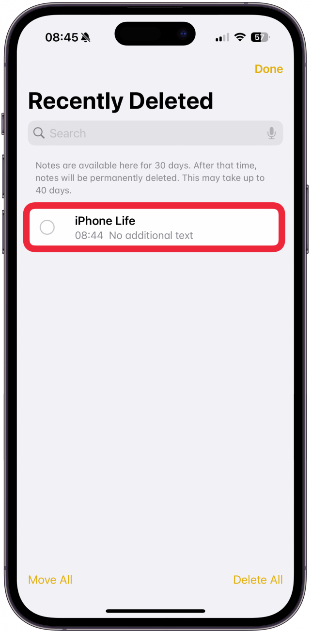 Tap Delete to delete it, or tap Move to recover it.