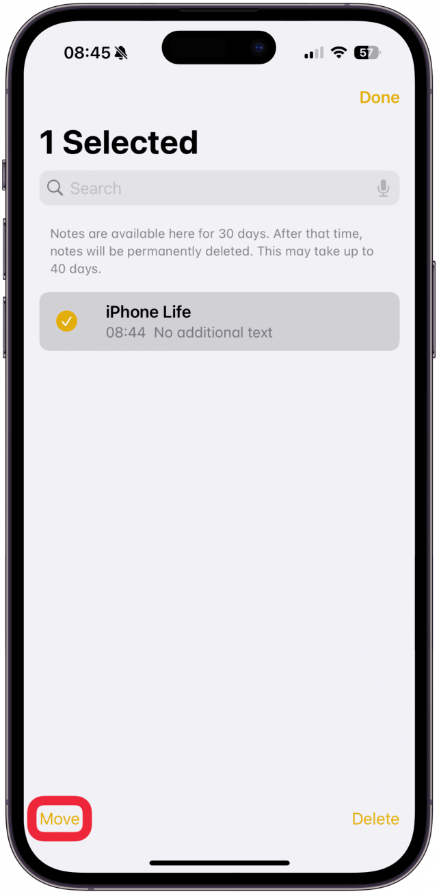 Tap Delete to delete it, or tap Move to recover it.
