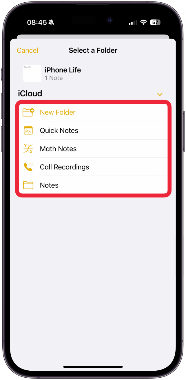 After tapping Move, tap the folder where you want to move the note.