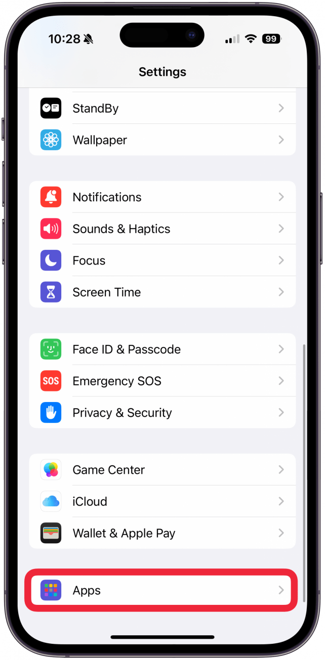 Open Settings, scroll to the very bottom, then tap Apps.