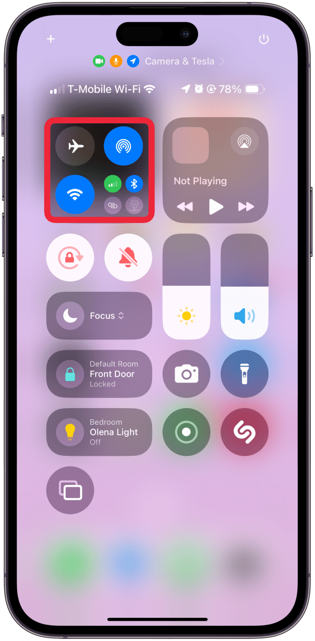 Tap and hold the upper left group of controls (Airplane mode, Cellular, Wi-Fi, and Bluetooth).