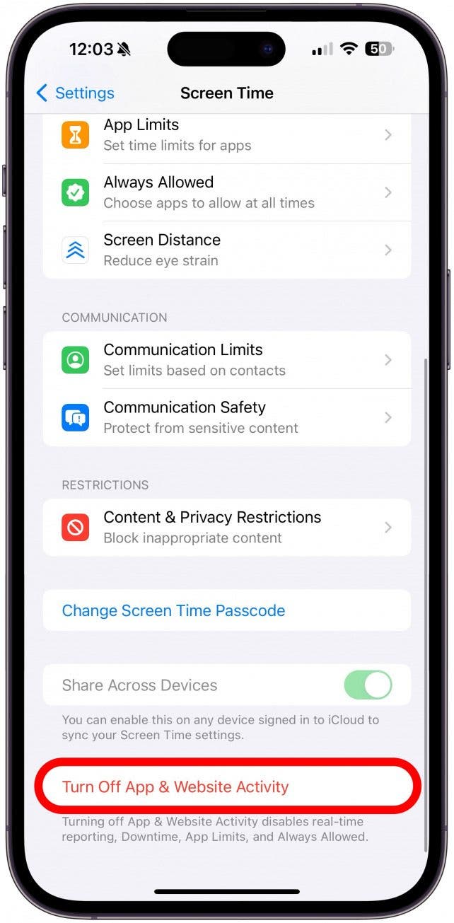 Scroll down and tap Turn Off App & Website Activity to disable all your Screen Time-related restrictions.