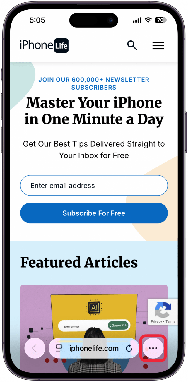 a screenshot of iphone safari browser with a red circle around three dot button
