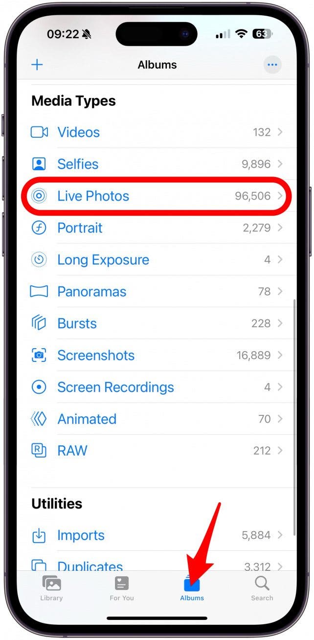 Tap the Albums tab, then scroll down and tap Live Photos under Media Types.